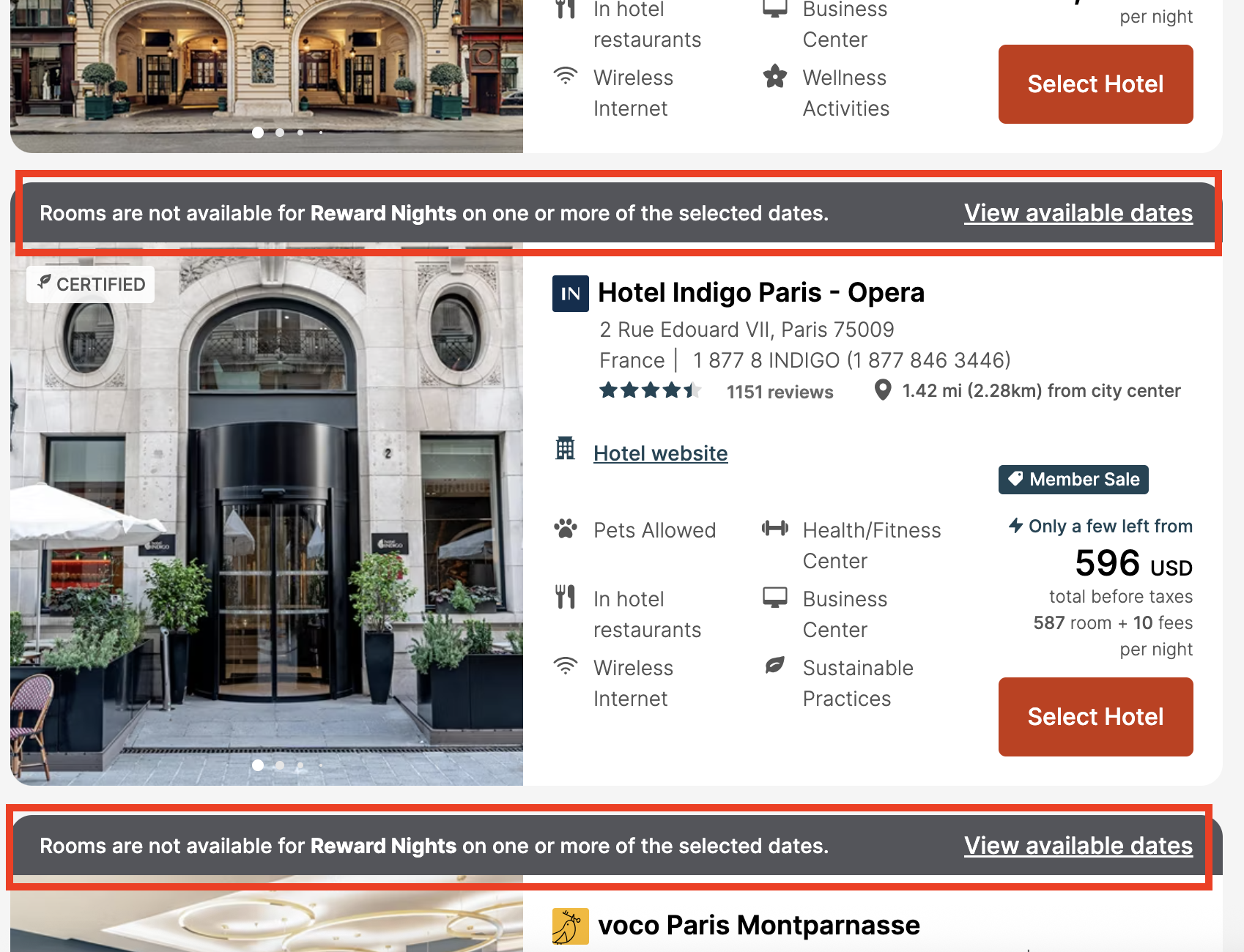 screenshot of search results for an IHG hotel in Paris France with the unavailable properties highlighted